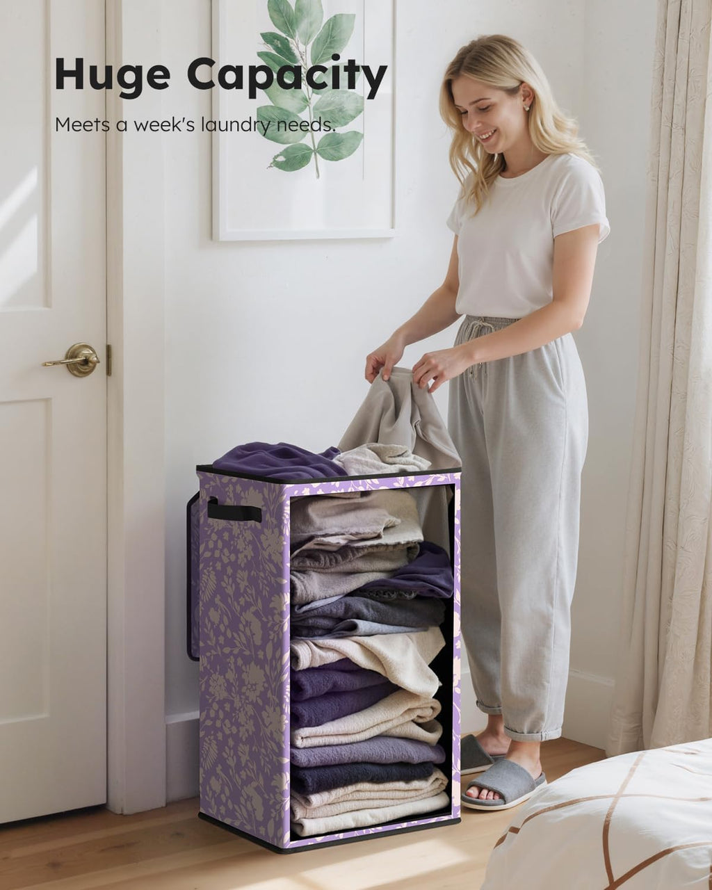 SOLEDI Laundry Hamper with Lid, 90L Tall & Large Floral Laundry Basket, Collapsible Clothes Hamper with Removable Bag, Dirty Hampers for Bedroom, Bathroom, Laundry Room