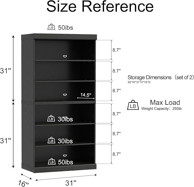 Casaphoria 62" Wooden Book Shelf, 6-Tier Bookcase, Open Bookshelf with Wide Storage Shelves for Home Office, Black