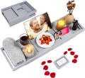 Foldable Bathtub Caddy Tray, Bamboo Bath Tub Tray Table for Tub with Wine Glass Holder Book Phone Tablet Holder with Extending Sides, Adjustable Bathroom Bathtub Free Soap Holder Gift Idea (Grey)