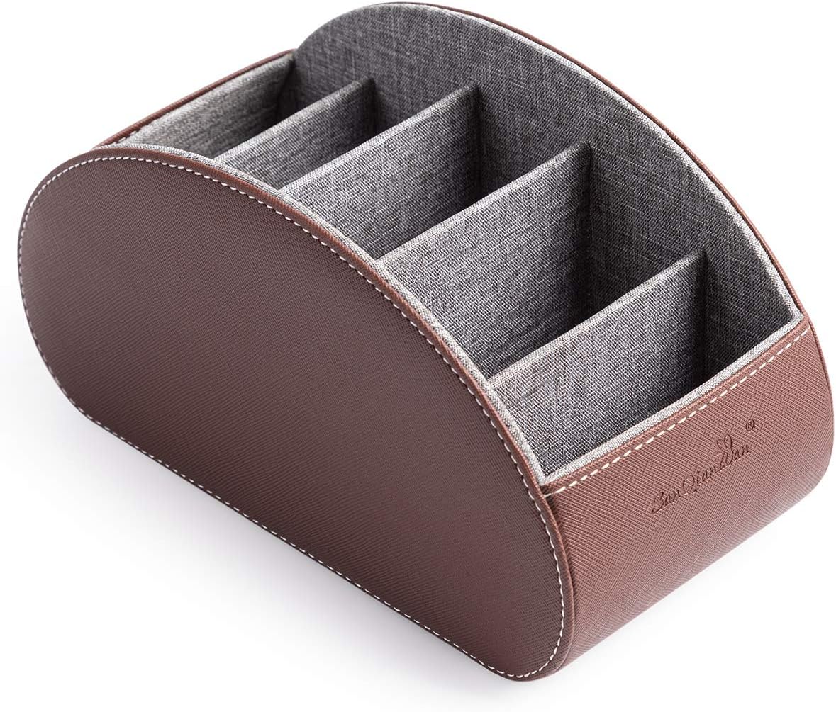 BONNY DODO Remote Control Holders Organizer Box with 5 Compartment PU Leather Multi-functional Office Desk Storage Caddy Store (Brown)