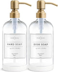Vine Creations Clear Glass Soap Dispenser, 2 Pack Kitchen Soap Dispenser Set with Stainless Steel Pump, 16 oz Dish Soap and Hand Soap Dispensers for Bathroom with Waterproof Labels