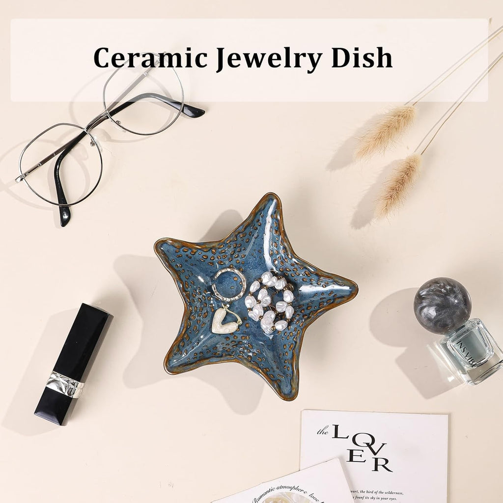 Jewelry Dish Decorative Ring Tray, Ceramic Small Cute Trinket Tray 4.92" | Starfish Shape Aesthetic Jewelry Plate Key Bowl Organizing Necklace Earrings, Home Decor Reactive Glaze Blue