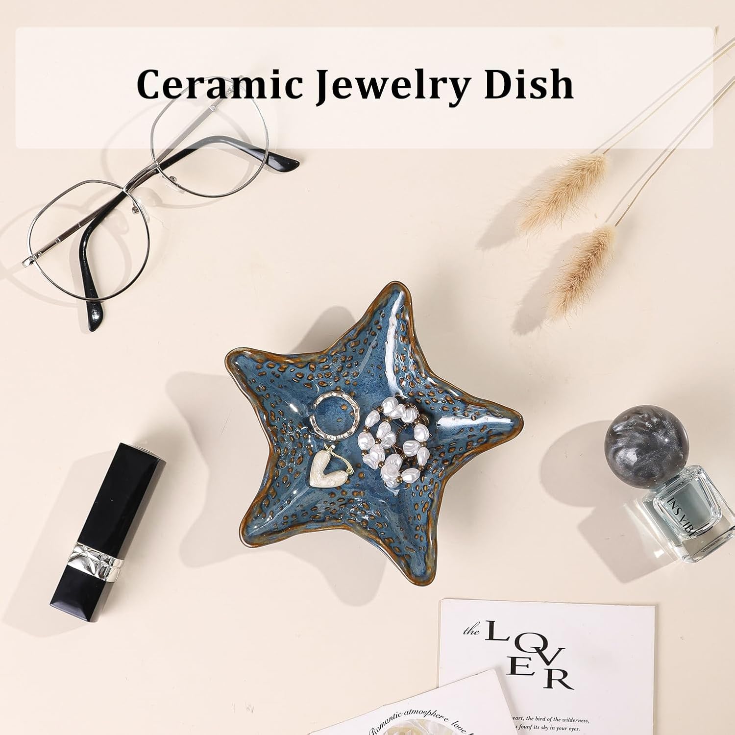 Jewelry Dish Decorative Ring Tray, Ceramic Small Cute Trinket Tray 4.92" | Starfish Shape Aesthetic Jewelry Plate Key Bowl Organizing Necklace Earrings, Home Decor Reactive Glaze Blue