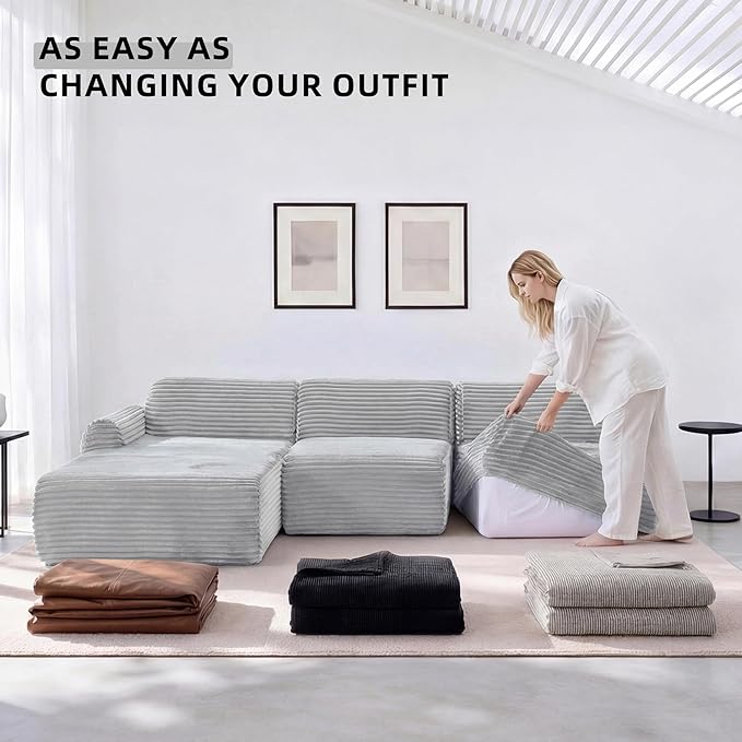 Modular Floor Sofa, Cozy Corduroy Sectional Couch with Fully Washable Covers, Frameless L Shaped Couch for Living Room, Family & Pet Friendly Lounge, No Assembly(Light Gray,Left Facing Chaise)