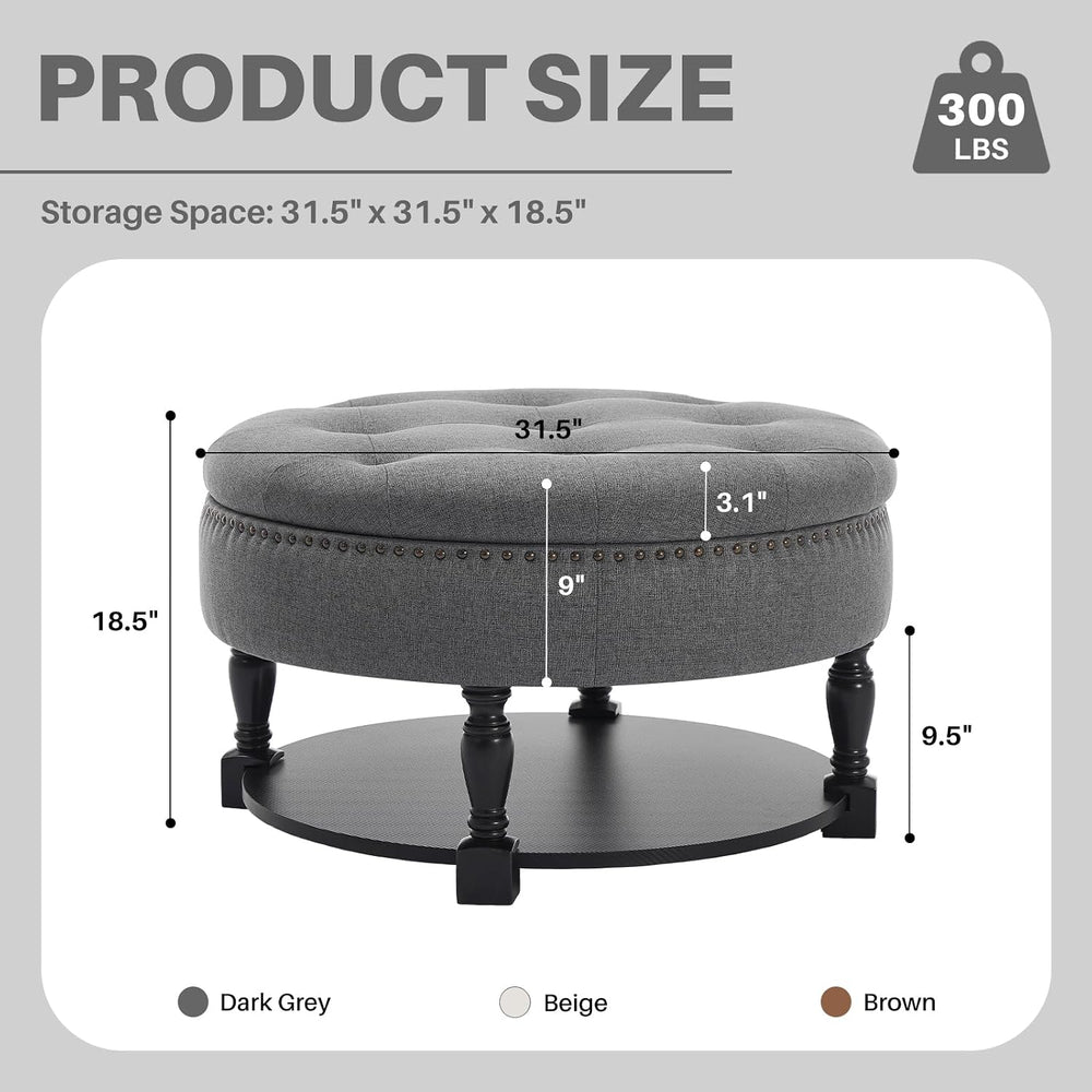 Round Storage Ottoman Coffee Table with Shelf, Fabric Dark Gray | Multi-funct...