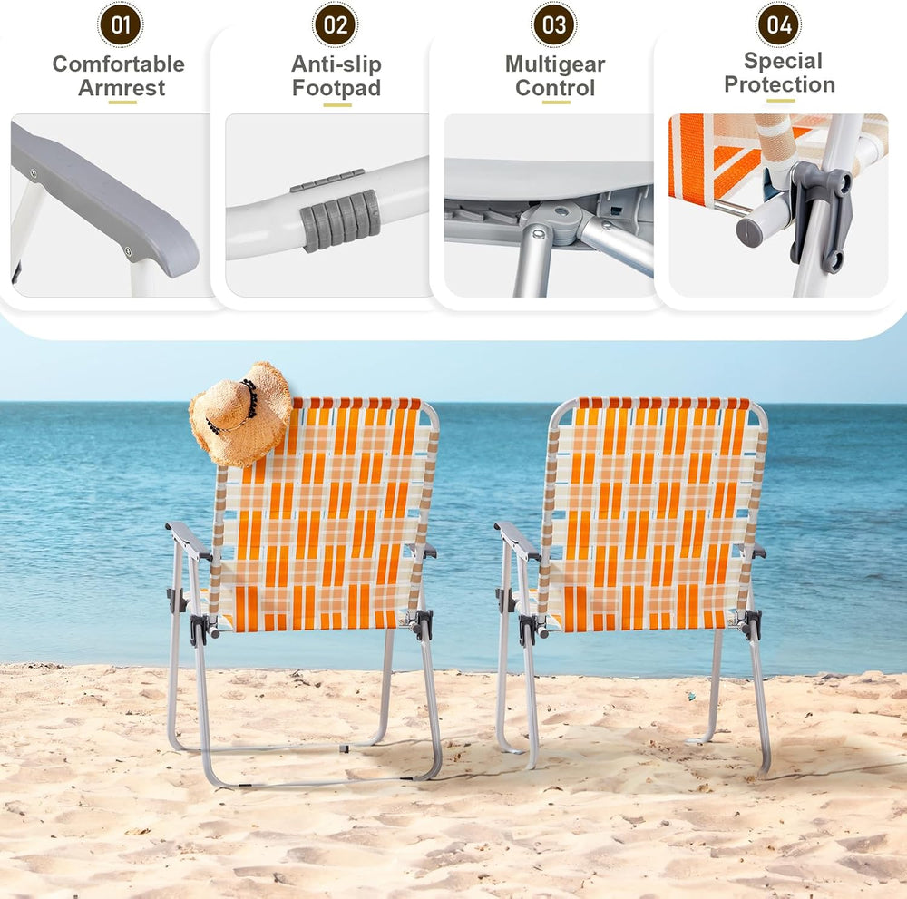 Folding Webbed Oversized Lawn Chairs Set of 2, 260 LBS High Beach Chair for A...