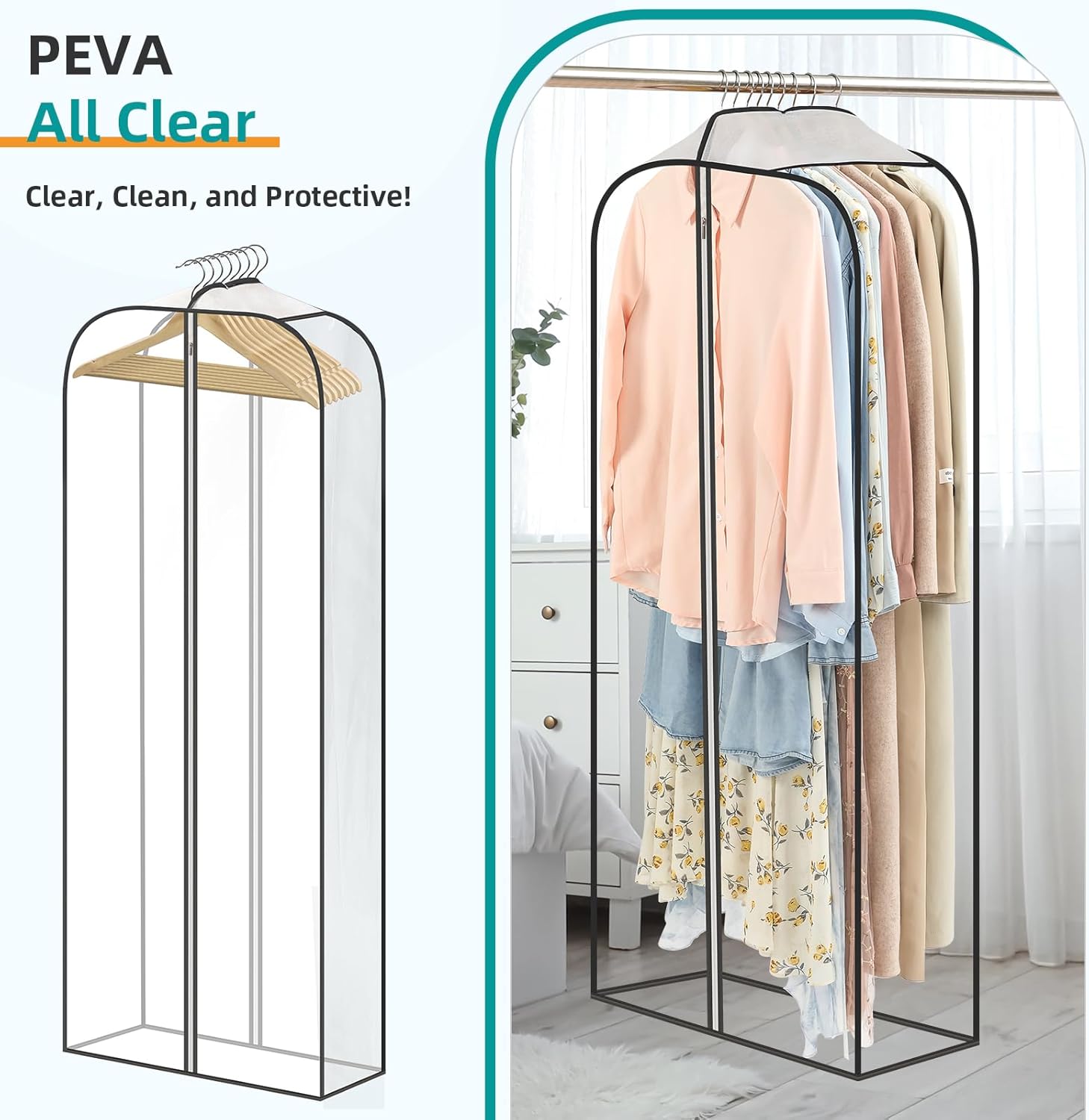LANDNEOO 6 Pack Clear Garment Bags for Hanging Clothes with Zippers on Double Sides - 32&40&60" Long Suit Bags - 10'' Clothes Storage for Coat, Dress, and Fur in Closet