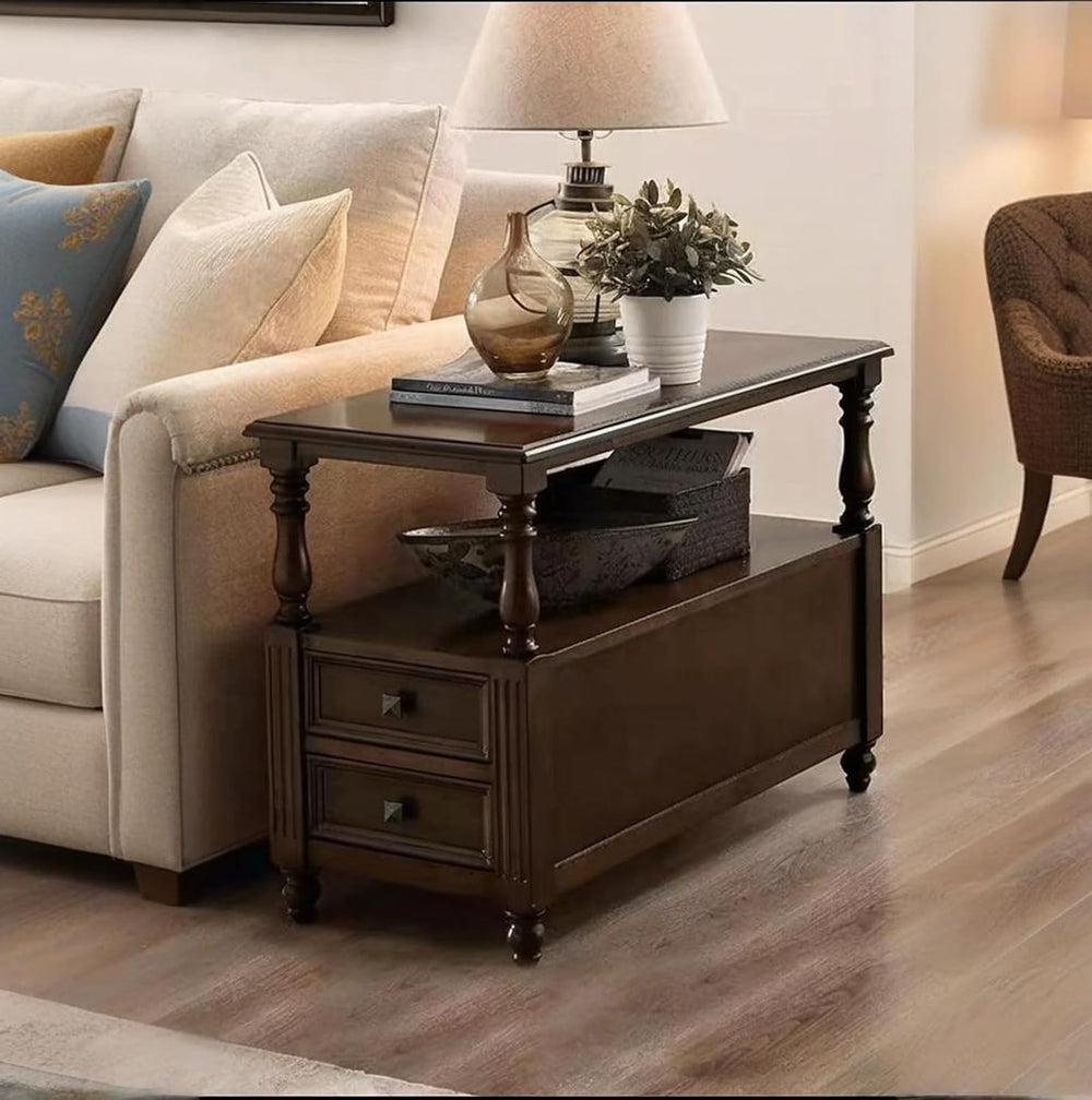 YUNMUARY-Solid Wood End Table with 2 Drawer Mid-Century Nightstand Narrow Sid...