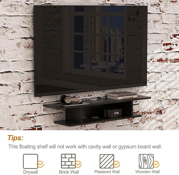 GHC Floating TV Stand, Wall Mounted Entertainment Center and Cabinet Shelf, TV Console with Storage, Media Console for DVD Player, Space-Saving Under TV Shelf for Bedroom, Living Room (Black)