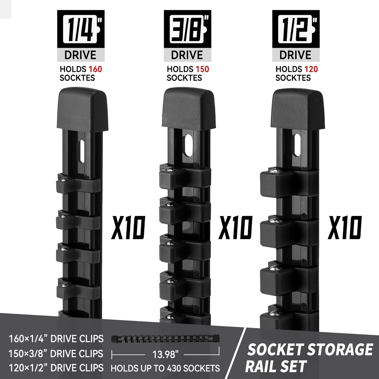 Socket Organizer Drive ABS Tools - Black Socket Holder, Premium Quality 30 Pieces Socket Holders Kit 1/4-Inch x 160 Clips, 3/8-Inch x 150 Clips, 1/2-Inch x 120 Clips（30PC,Black)