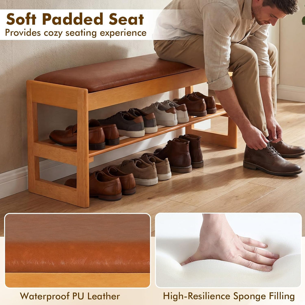 Giantex Shoe Rack Bench with Storage, Rubberwood Entryway Bench with Faux Lea...