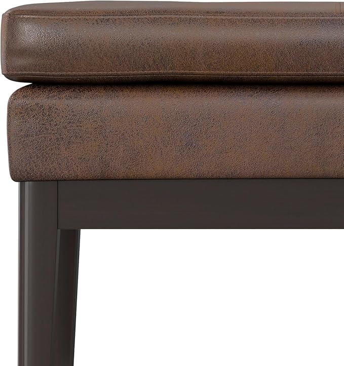 SIMPLIHOME Carlson 27-inch Wide Vegan Faux Leather Small Ottoman Bench in Distressed Chestnut Brown with Solid Wood Frame for Living Room, Entryway, or Bedroom