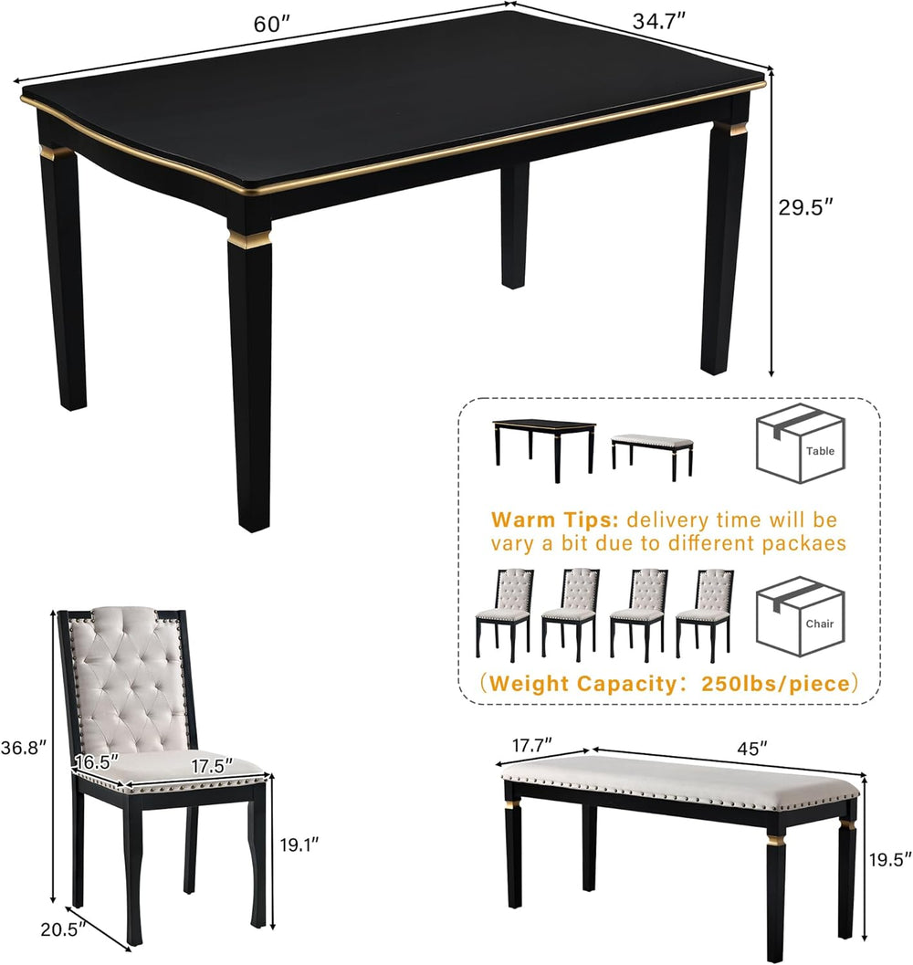 Merax 6-Piece Kitchen Dining Table Set, 60" Rectangular Table with 4 Hig...