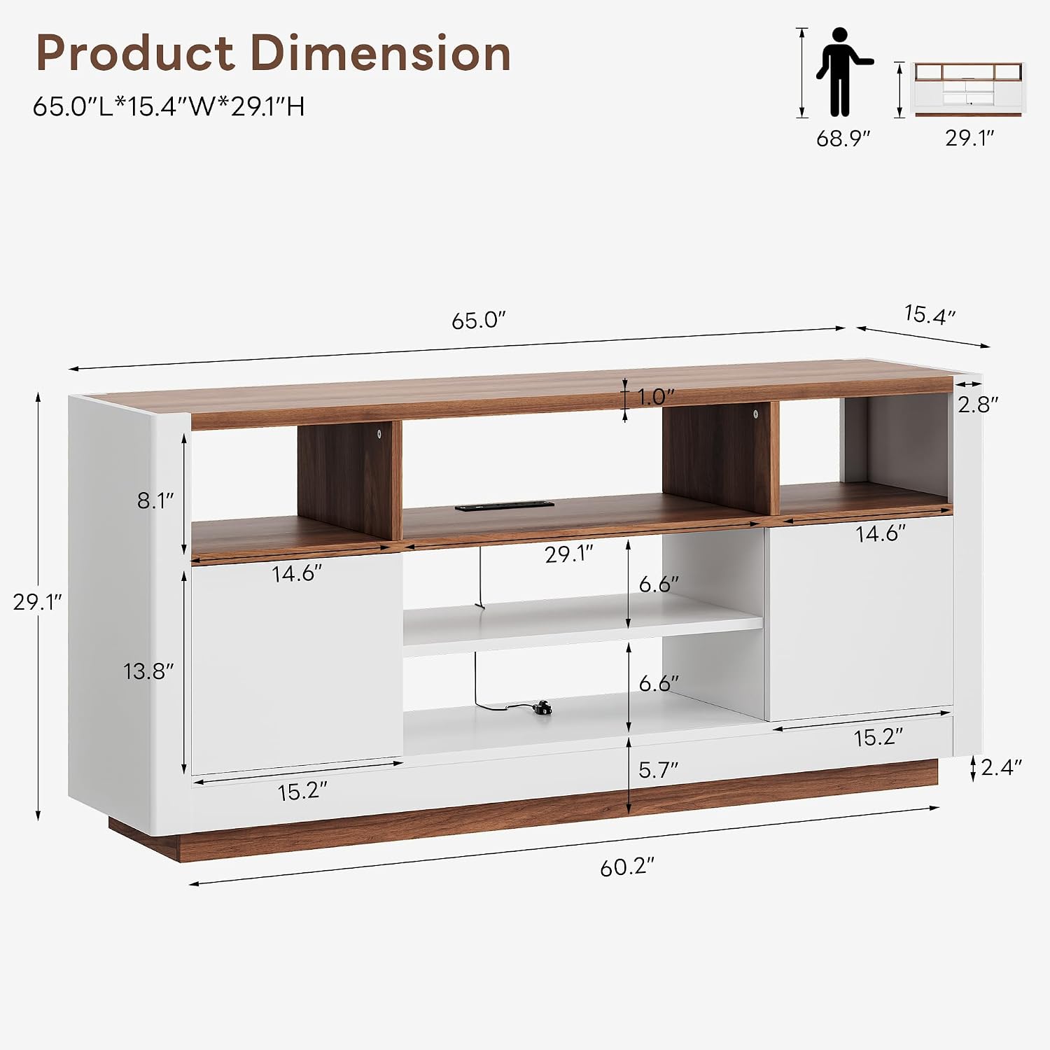LIKIMIO Modern TV Stand for 70" TV, with Charging Station & LED Light