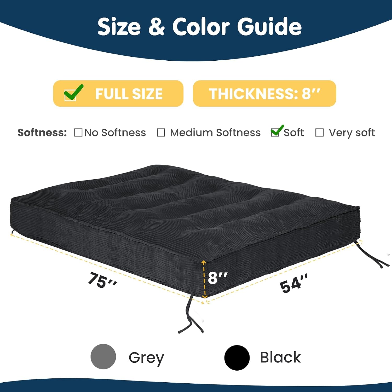 8 Inch Futon Mattress Full Size, Futon Floor Sofa Bed Foldable with Soft Corduroy Fabric - High Resilience Foam Filling - 2 Storage Straps for Home, Guest Room, Dorm, Black (Frame Not Included)