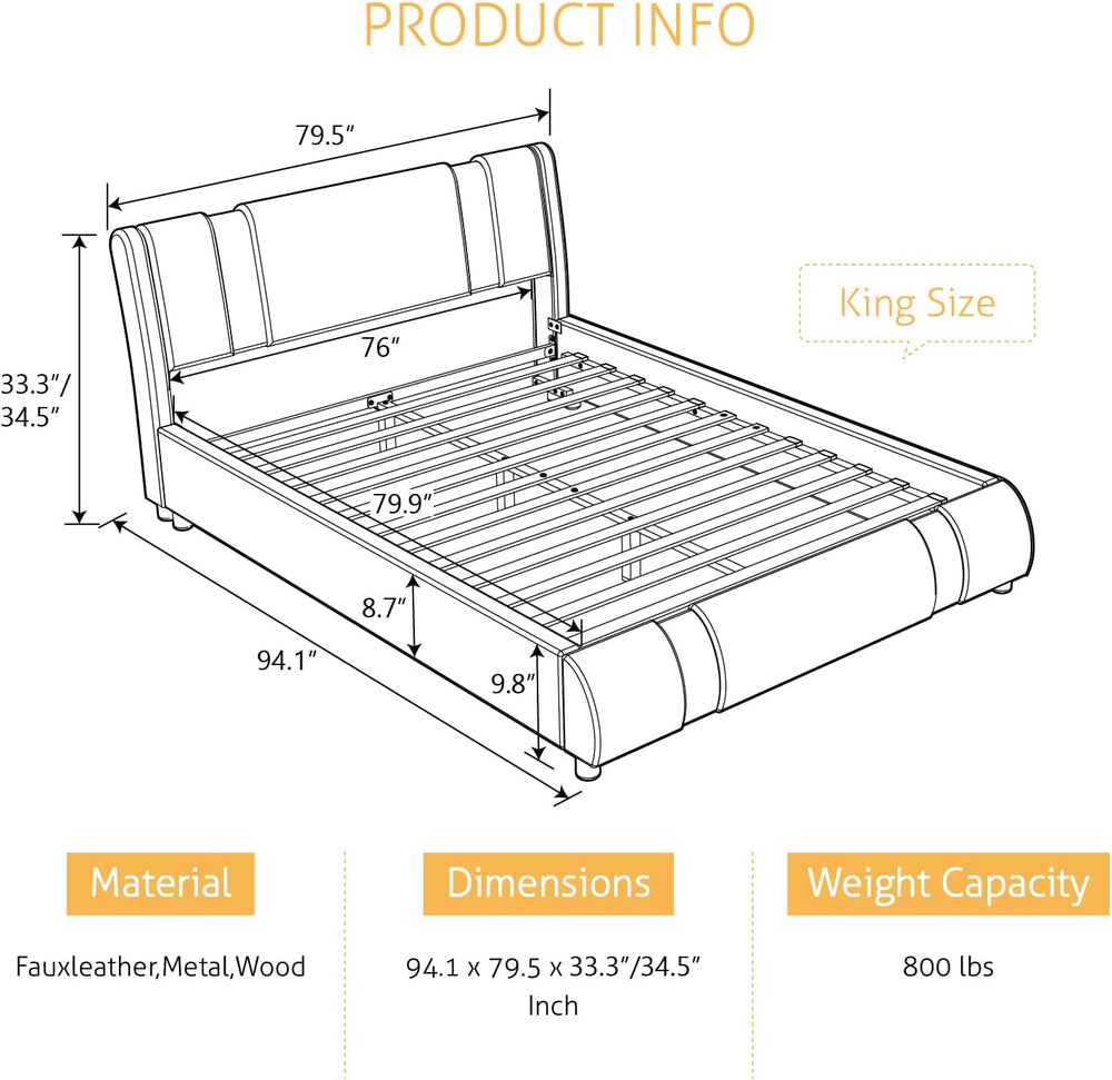 SHA CERLIN King Bed Frame with Iron Pieces Decor, Faux Leather, White