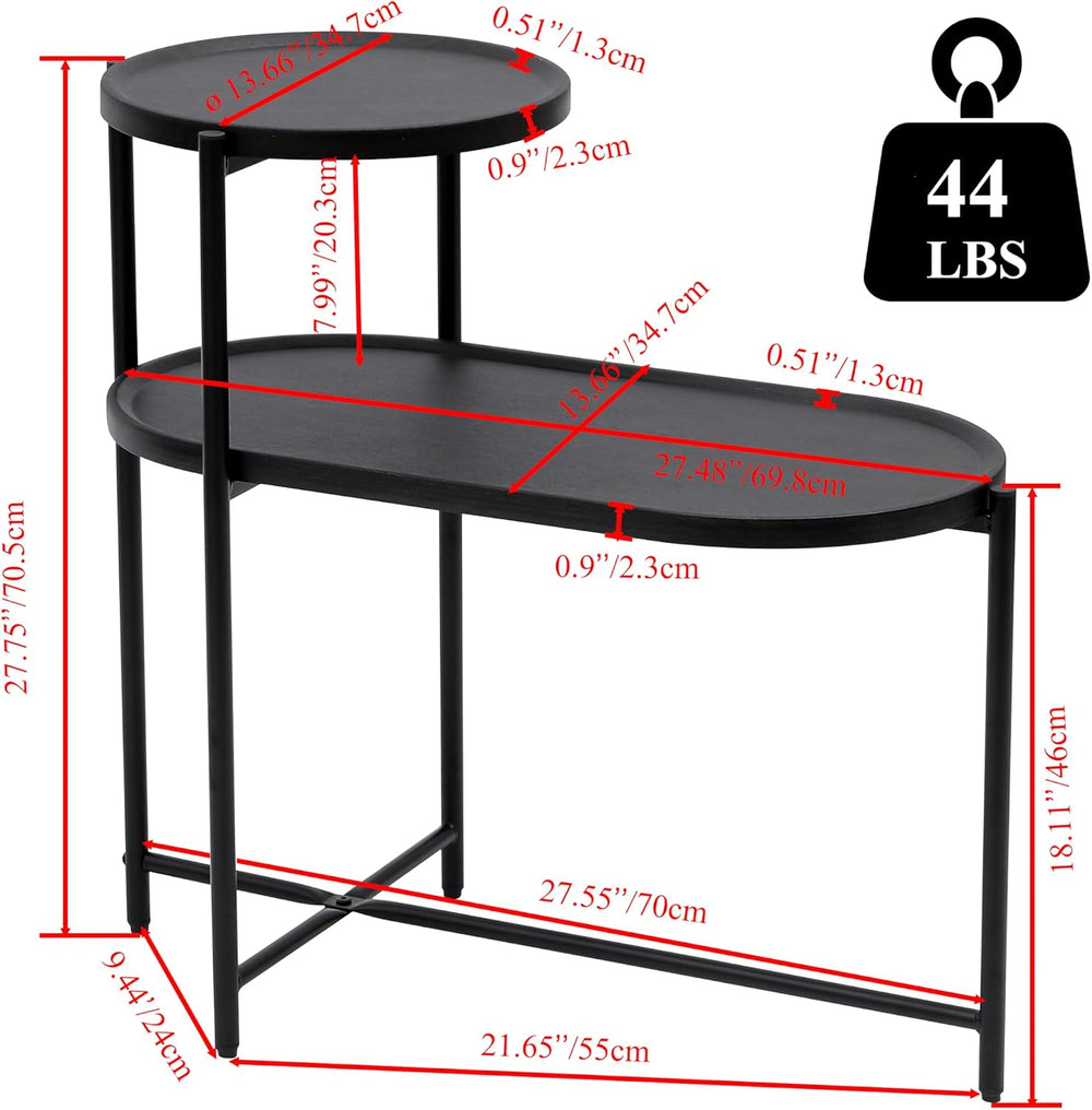 2 Tier Oval Side Table, Modern X-Leg End Table with Round Storage Tray, Black...