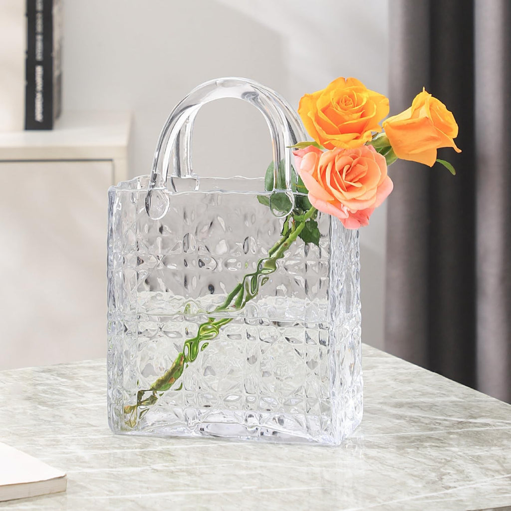 Purse Vase, Glass Bag Vase, Glass Purse Vase for Flowers, Clear Vases, 12 Inch Large Flower Vase with Embossed Pattern for Wedding, Living Room, Bedroom, Table, Office(Tote)