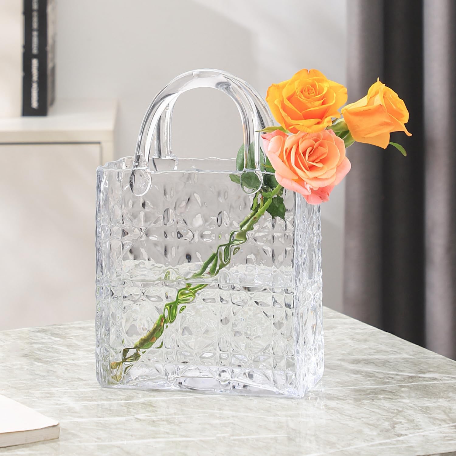Purse Vase, Glass Bag Vase, Glass Purse Vase for Flowers, Clear Vases, 12 Inch Large Flower Vase with Embossed Pattern for Wedding, Living Room, Bedroom, Table, Office(Tote)