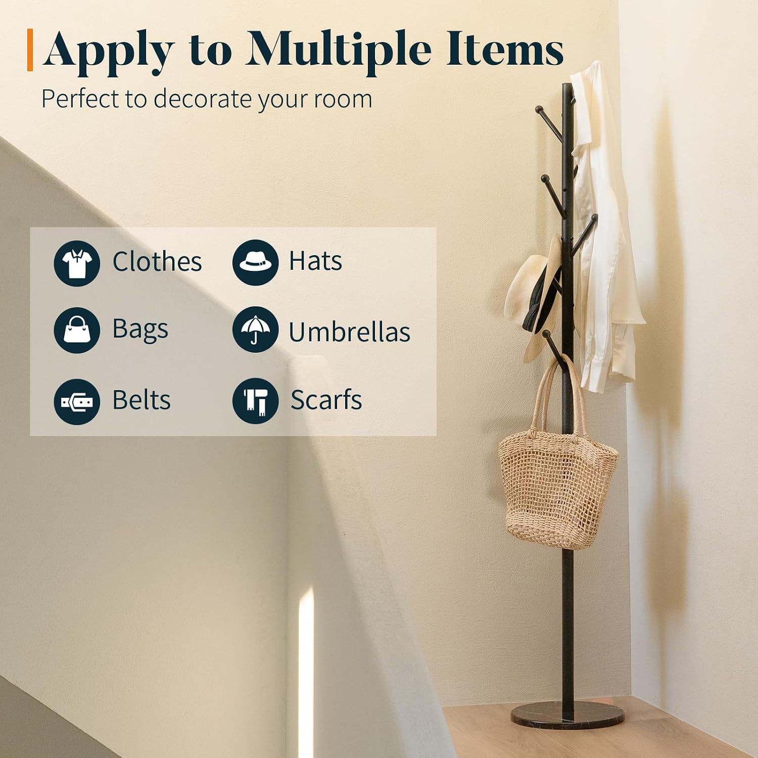 Yoobure Coat Rack Freestanding with Natural Marble Base - Coat Tree with 8 Hooks Heavy Duty Coat Hanger Stand, Metal Coat Rack Stand for Jacket, Hat, Clothes & Bag, Hall Tree Hat Rack for Entryway