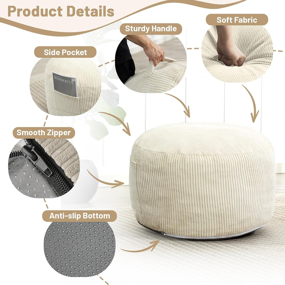 Round Stuffed Pouf Ottoman (Beige, 20" D x 20" W x 15" H)