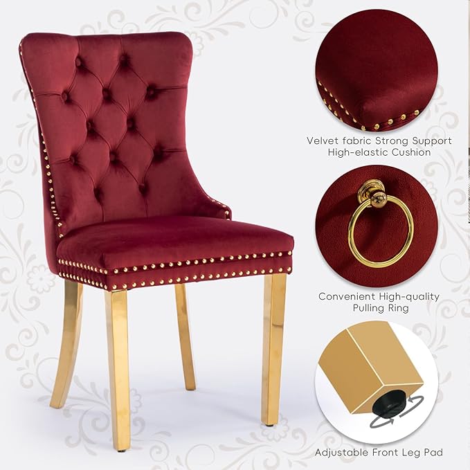 Velvet Upholstered Dining Chairs Set of 4, Modern Style Kitchen Side Chairs with Nailhead Trim and Gold Plated Leg, Metal Pulling Ring for Dining Room Living Room(Wine Red-Gold Plated Leg)