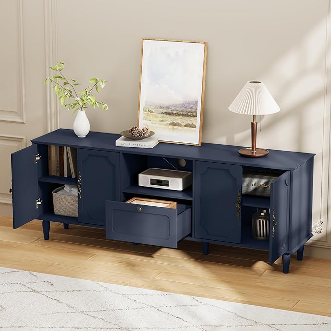 67” Mid-Century Modern TV Stand for 75+ inch TVs, Wood Entertainment Center with Storage Drawer, Long Media Console with Adjustable Shelves, Blue TV Cabinet for Living Room, Bedroom