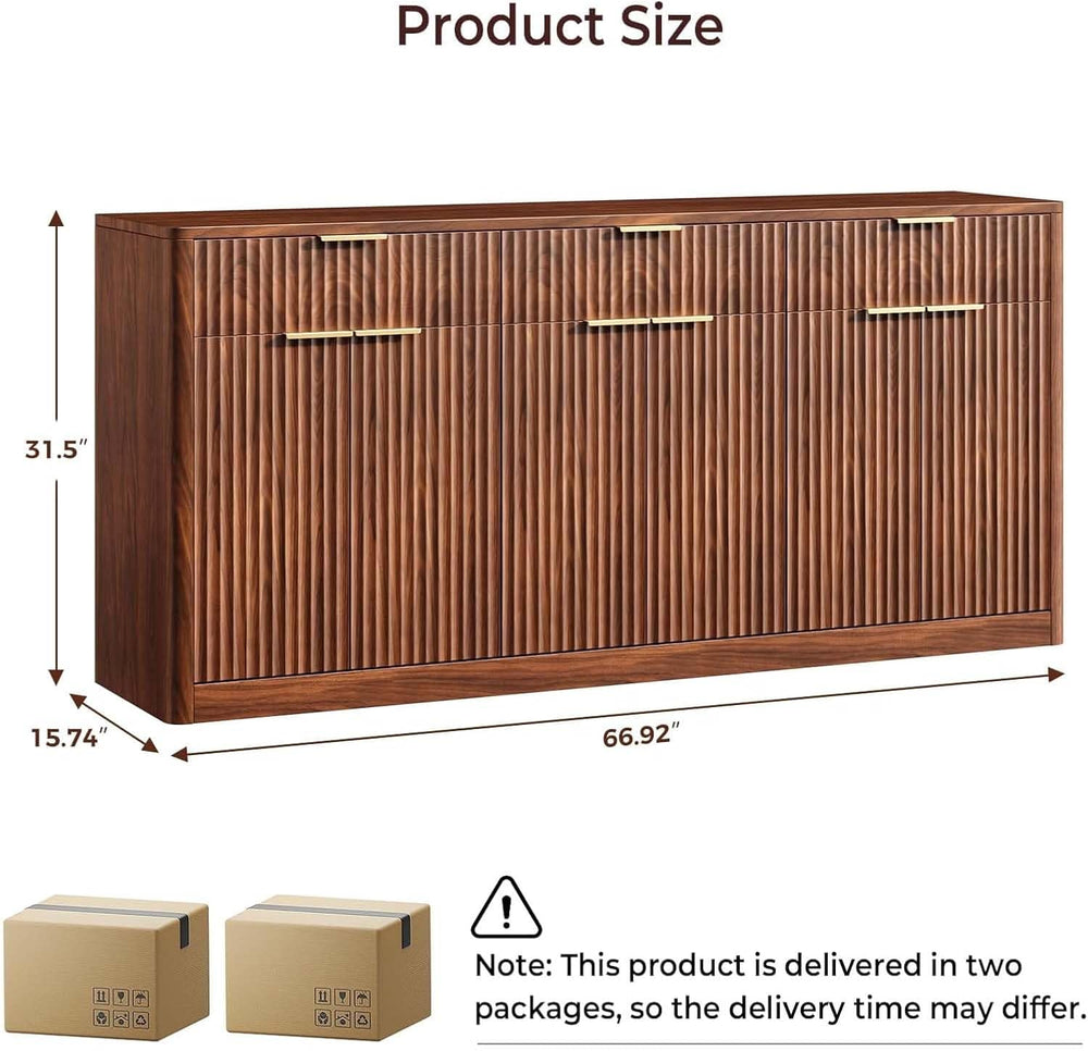 Evermagin 67" Fluted Walnut Sideboard Buffet Cabinet with 3 Drawers, Mod...