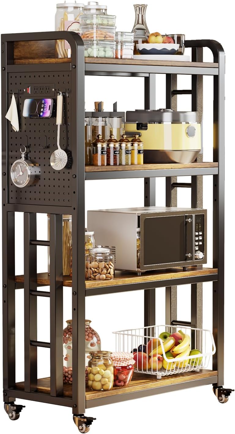 Bakers Rack with Power Outlet,bakers rack with storage,microwave cart | Microwave Oven Stand with Storage 4 Tiers,With pegboard Bakers Racks,bakers rack with storage,for Kitchen,Coffee Bar