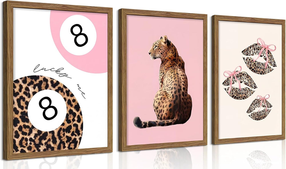 JYZXINWYQ Pink Coquette Wall Decor Set of 3, Cheetah Print Wall Art with Luck...