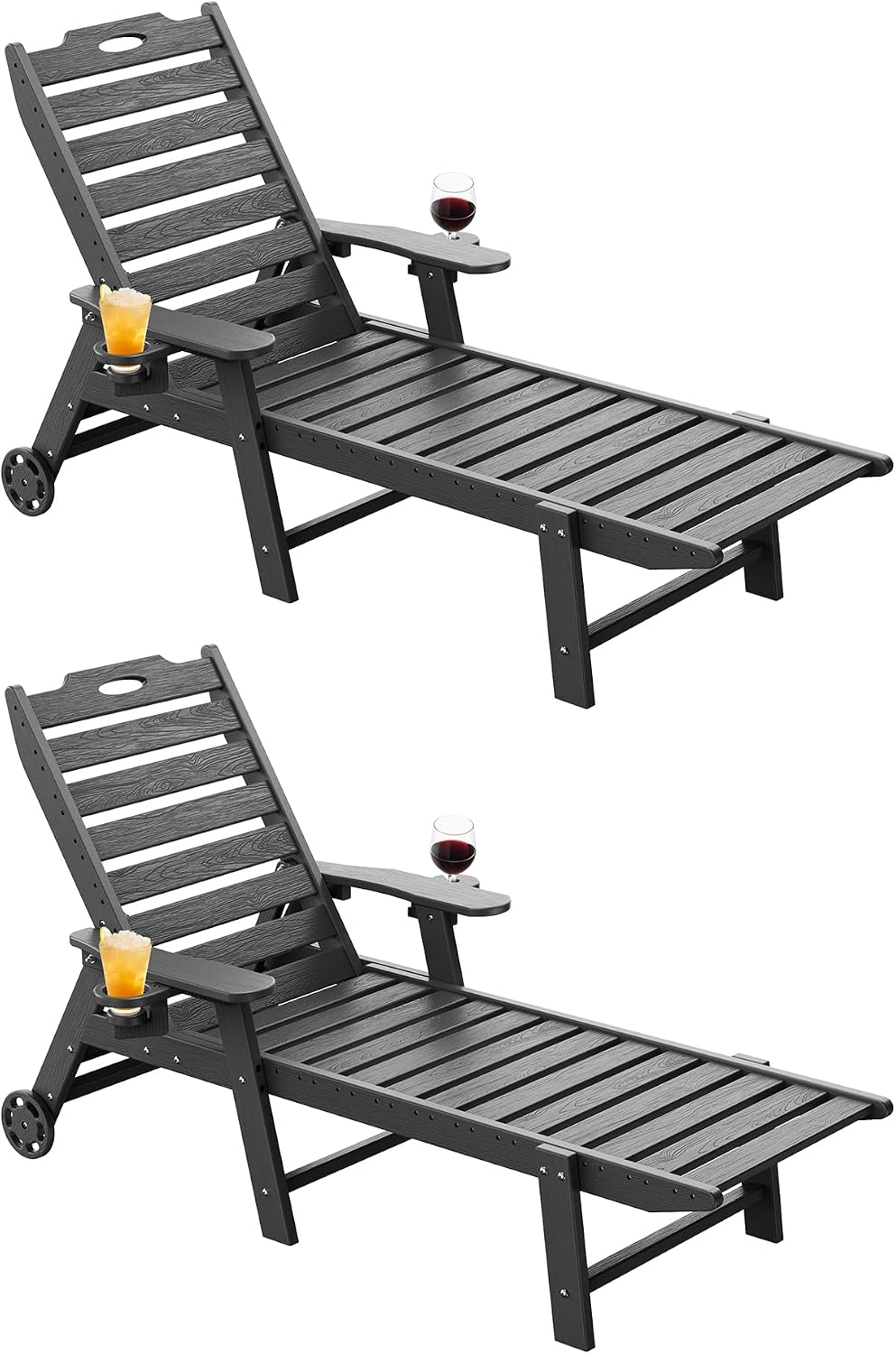 Carauci Lounge Chair Outdoor Set of 2, HDPE Chaise Lounge with Wheels, 5-Posi...