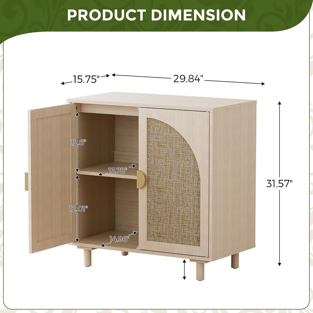 Rattan Sideboard Buffet Cabinet, Wood Storage Credenza Cabinet with Doors and...