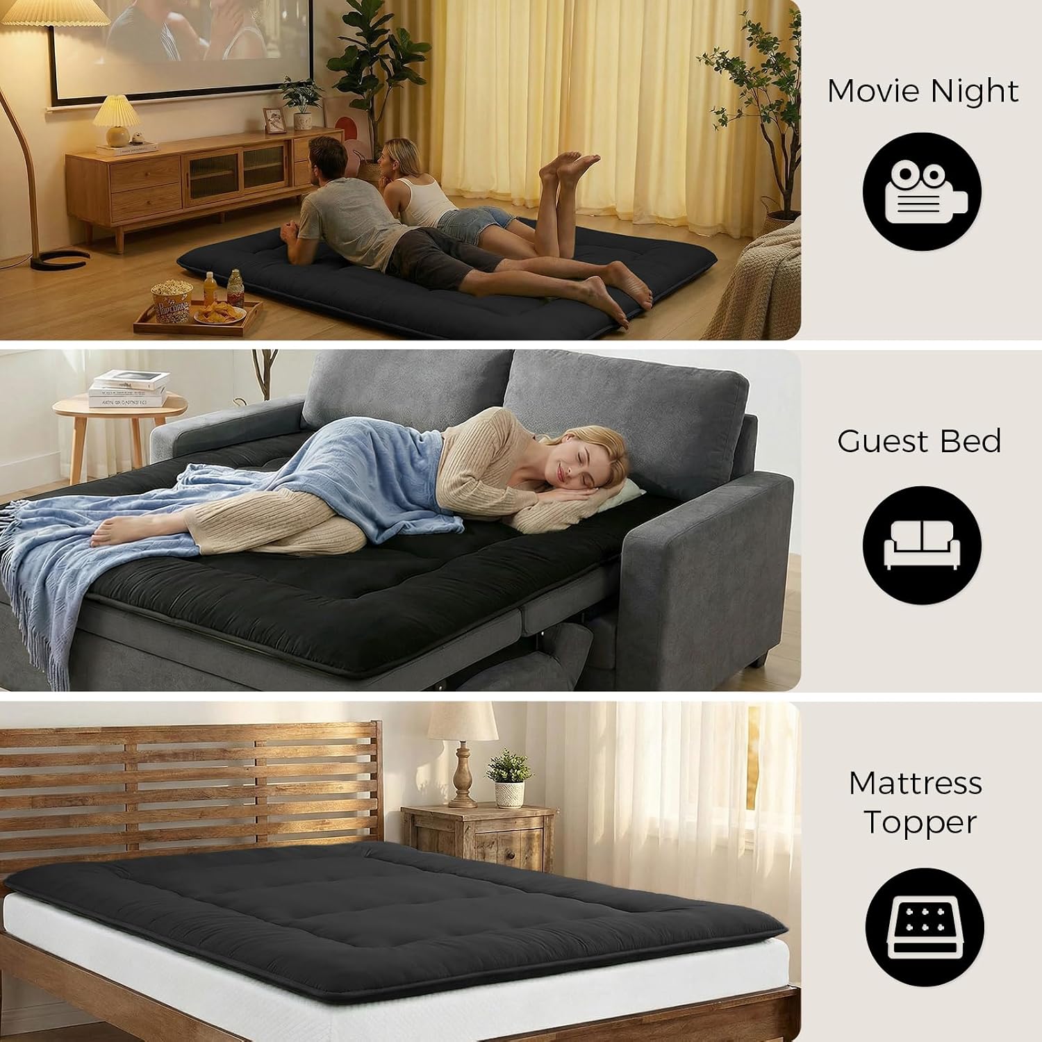 XICIKIN 2.5" Japanese Floor Mattress, Foldable Floor Mattress with Washable Cover Japanese Futon for Camping, Guest (Black, Twin)