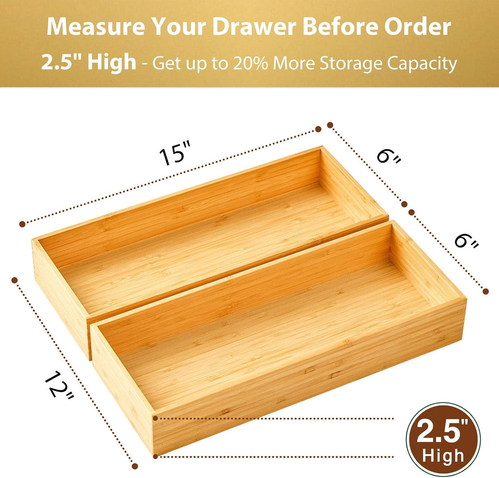 Bamboo Kitchen Utensils Organizer, Extra High Silverware Drawer Tray, Flatware Cutlery Storage Box, Multi-Use Holder in Office, Bathroom, Pantry - 15"x6"x2.5" (Set of 2)
