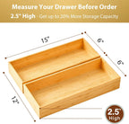 Bamboo Kitchen Utensils Organizer, Extra High Silverware Drawer Tray, Flatware Cutlery Storage Box, Multi-Use Holder in Office, Bathroom, Pantry - 15"x6"x2.5" (Set of 2)