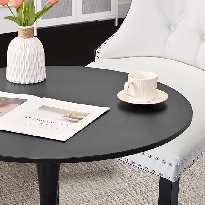 3-Pieces 31.5" Round Dining Table Set for 2, Black Dining Table & PU & Velvet Upholstered Dining Chairs Set of 2 for Kitchen Dining Room Apartment Small Space(Black & White Chairs)