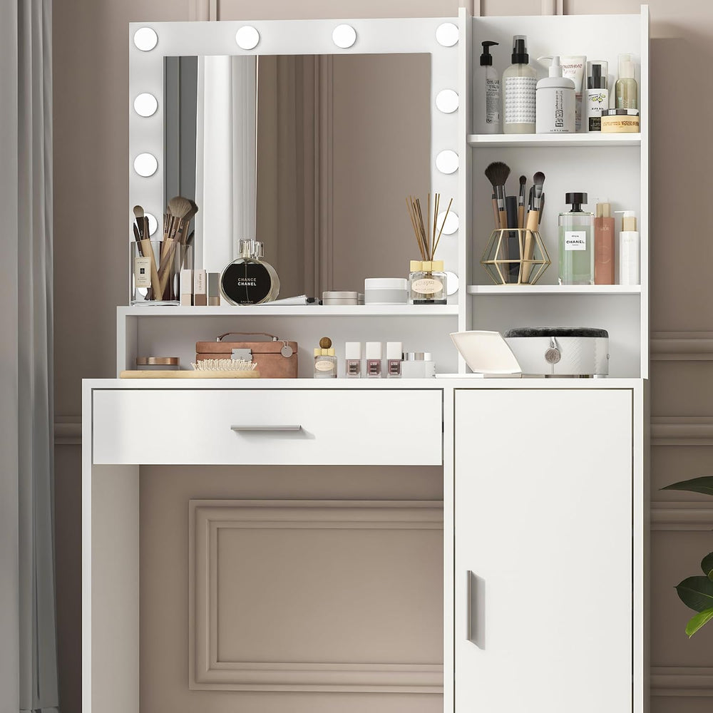 Vanity Desk with Mirror & Light, Three Level Storage Dresser & Large ...