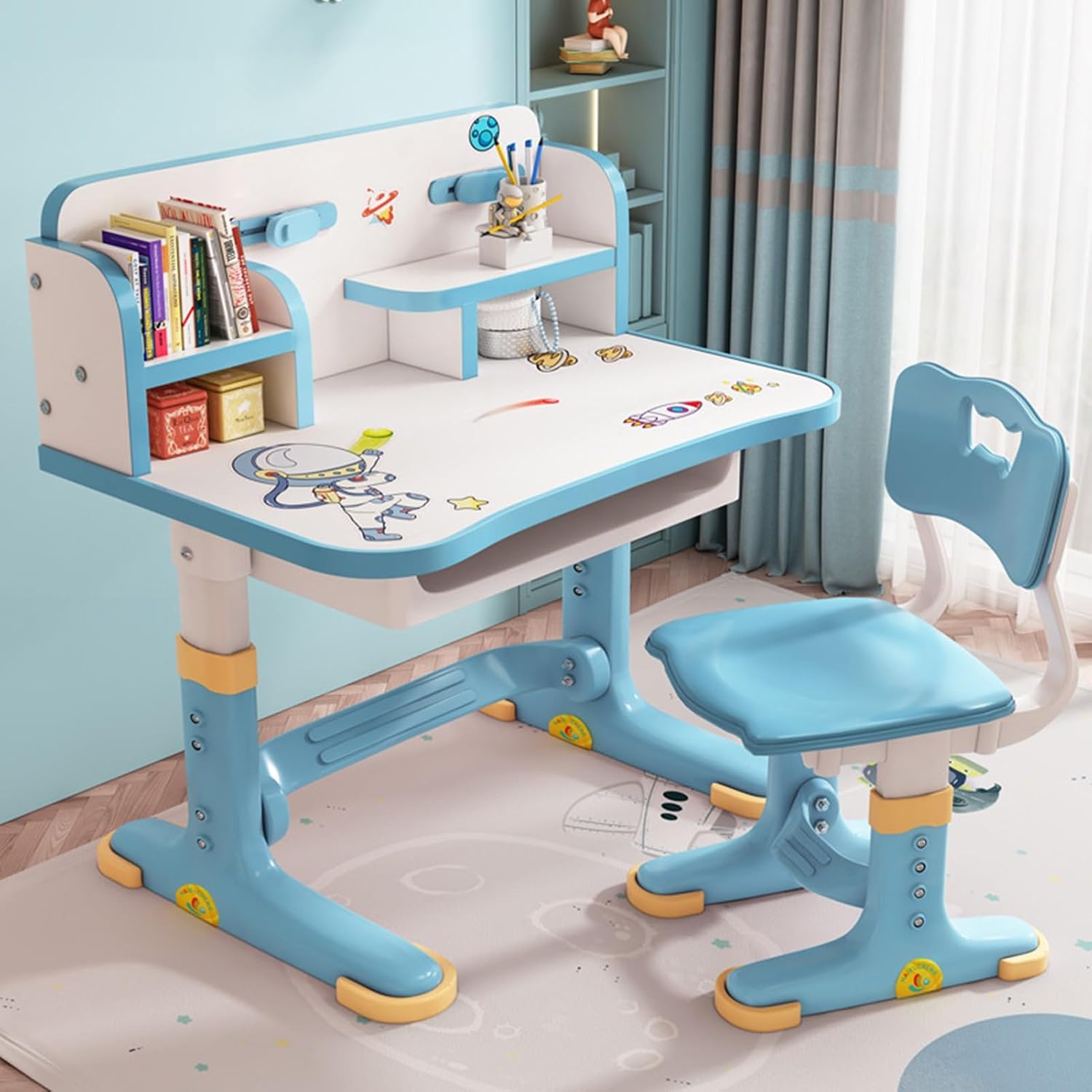 Kids Functional Desk and Chair Set,Children Learning Desk,Cartoon Pattern,Height Adjustable Height Study Table with Drawer,Desk for Kids with Tiltable Desktop,Storage Drawer for Boys Girls
