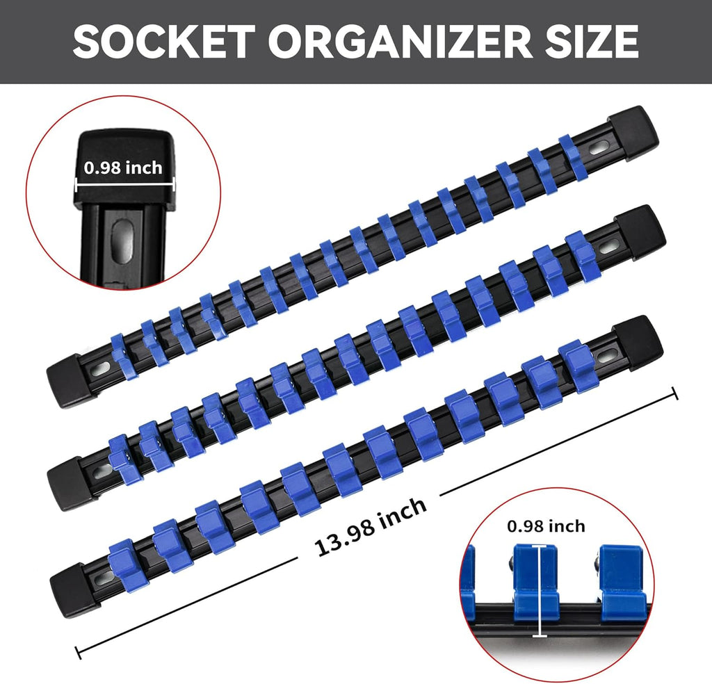 Socket Organizer Drive ABS Tools - Blue Socket Holder, Premium Quality 18 Pieces Socket Holders Kit 1/4-Inch x 96 Clips, 3/8-Inch x 90 Clips, 1/2-Inch x 72 Clips（18PC,Blue)