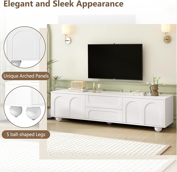 Ball & Cast 70" Modern TV Stand for TVs up to 75", Cream Media Console with Arched Push-to-Open Doors,2 Cabinets & 2 Drawers, 5 Iron Round Legs,Entertainment Center for Living Room,Bedroom,White