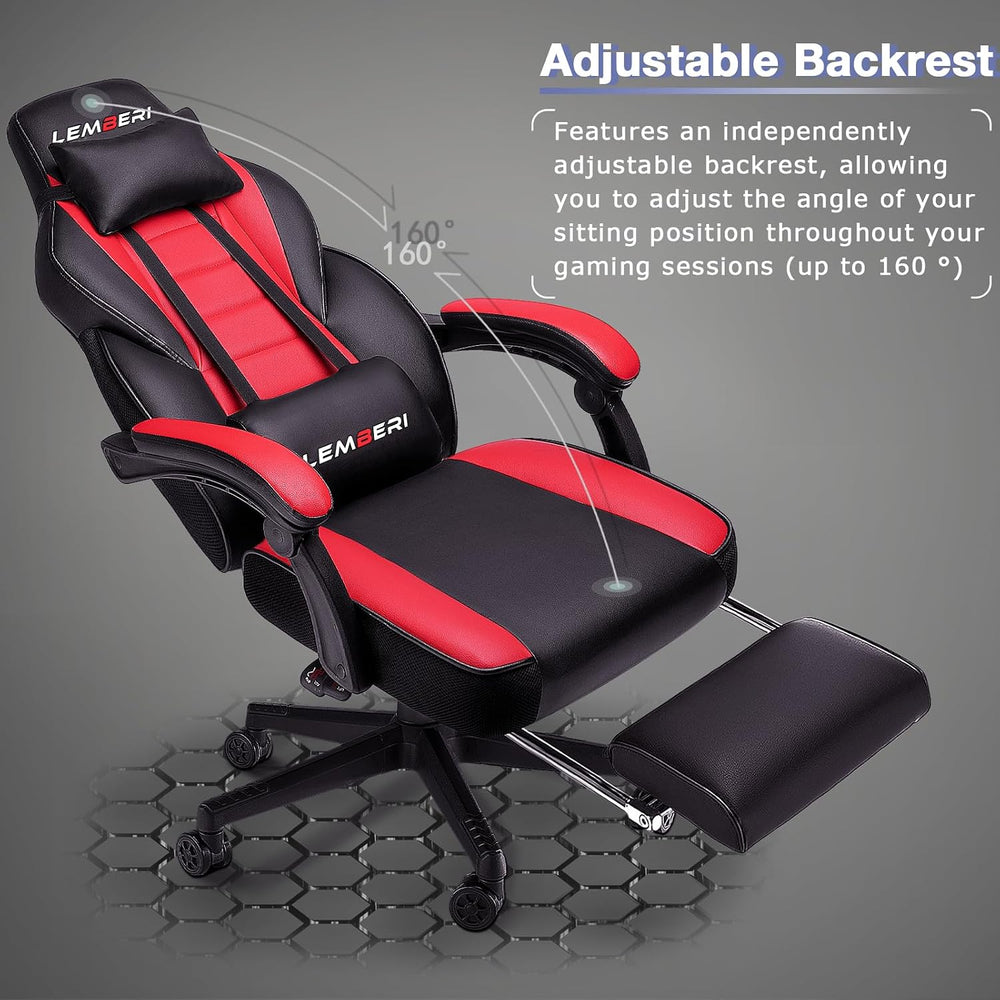 LEMBERI Big and Tall Gaming Chair, 400lb Capacity, Red | Heavy-duty steel fra...