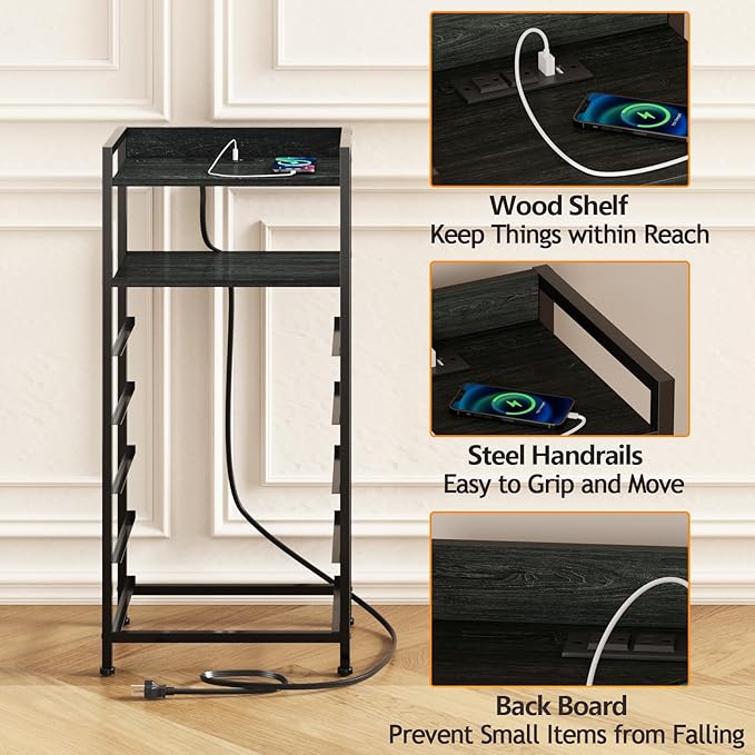 Furnulem Night Stand with Charging Station, Tall Black Dresser for Bedroom, N...