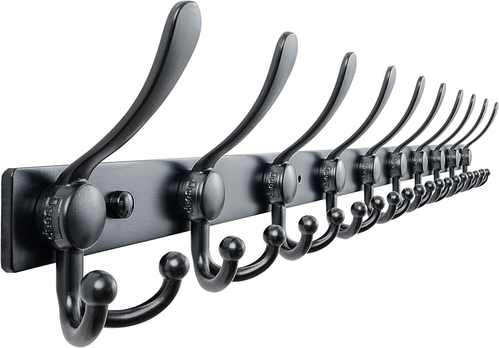 Dseap MaxStrong 2.0 Coat Rack Wall - 37” Long 10 Tri Hooks - Ultra Heavy-Duty Stainless Steel Wall Mount Coat Hanger, Hook Rail for Clothes Hats Jacket Towels Black