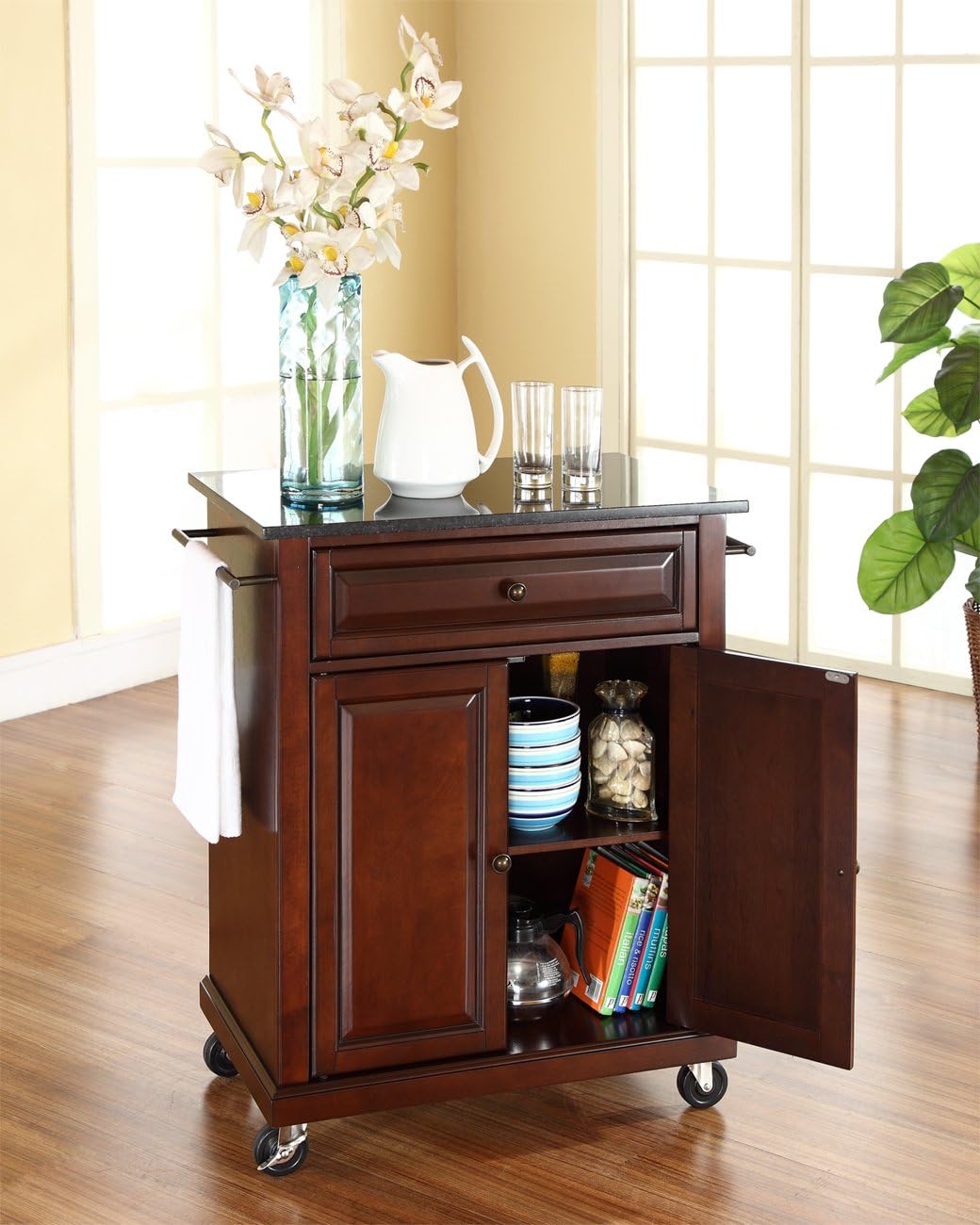 Crosley Furniture Compact Granite Top Small Rolling Cart with Shelves, Microwave Stand with Towel Rack, Mahogany