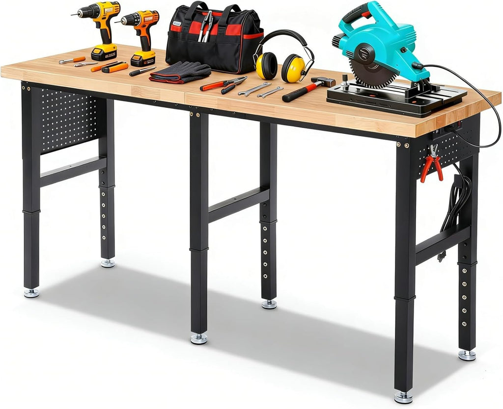 Work Bench 72 Inch Adjustable Height Workbench with Power Outlets & Extended Pegboard 5000 lbs Load Capacity Heavy Duty Work Table for Garage, Workshop, Home, Office