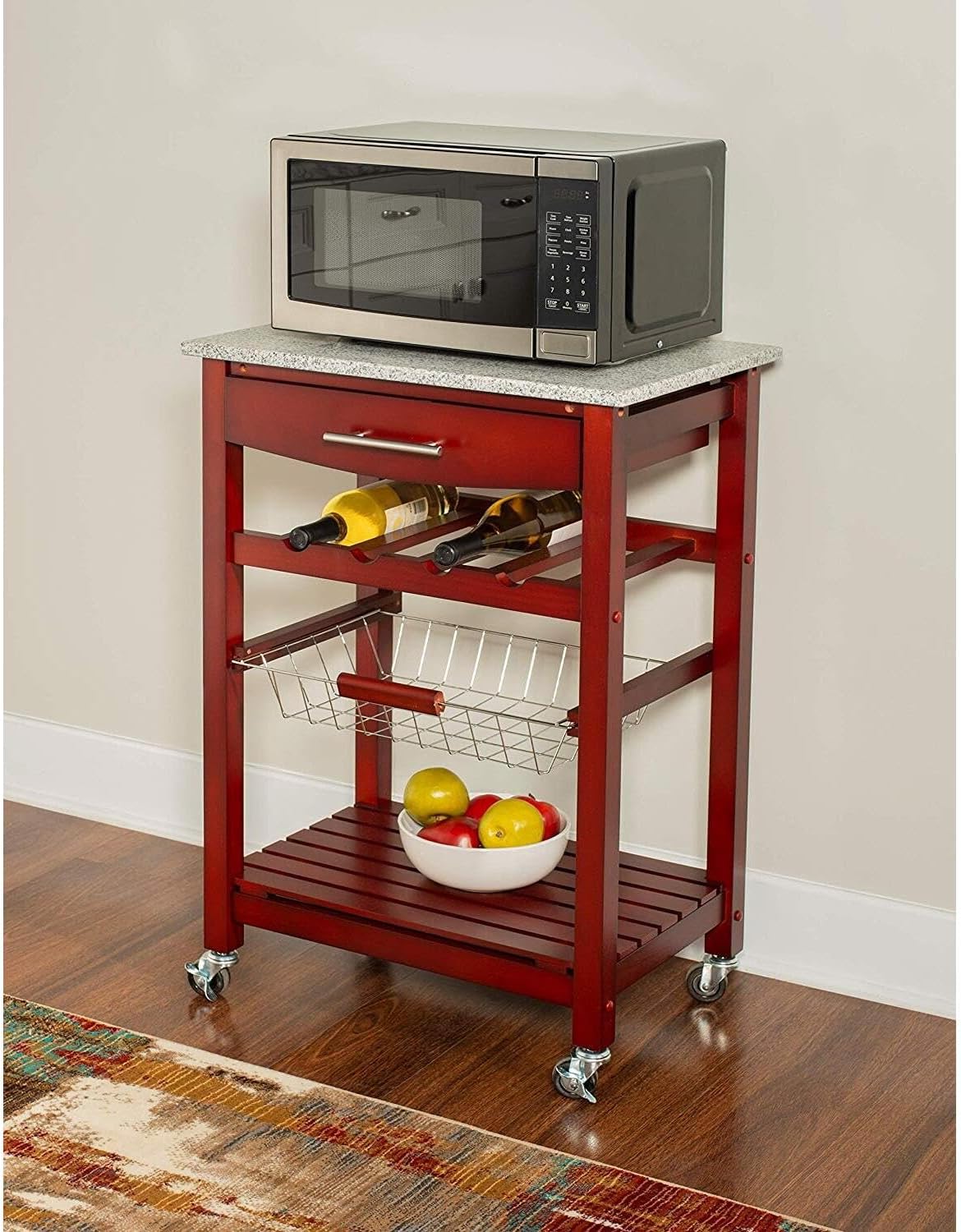 HomeStock Kitchen Island Cart with Granite Top - Rolling Kitchen Island Modern Kitchen Storage, Elegant Wooden Cart