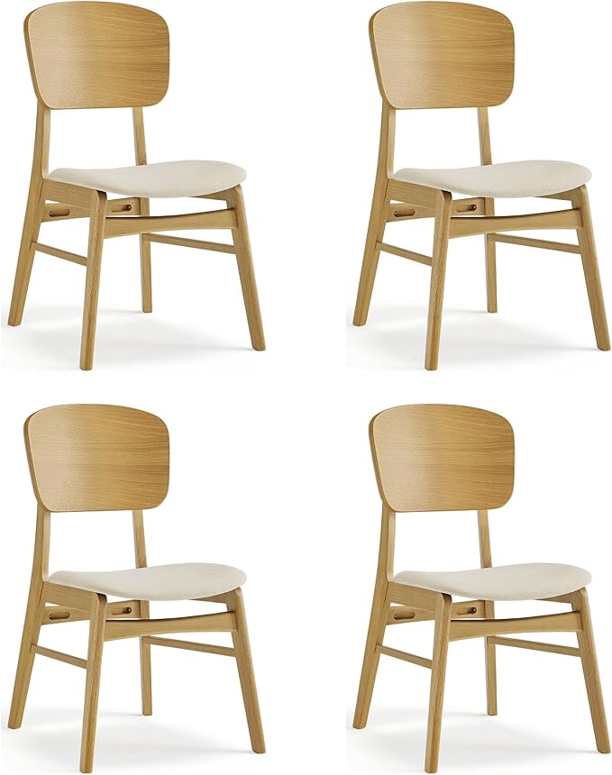 Wooden Dining Chairs Set of 4, Upholstered Modern Dining Room Chairs, Mid Century Oak Kitchen Chairs with Ergonomic Wood Backrest for Farmhouse, Restaurant, Café (Cream Fabric & Original Color)