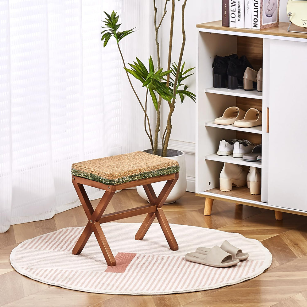 Natural Seagrass Ottoman Footstool with Solid Wood Legs – Handwoven Rectangul...