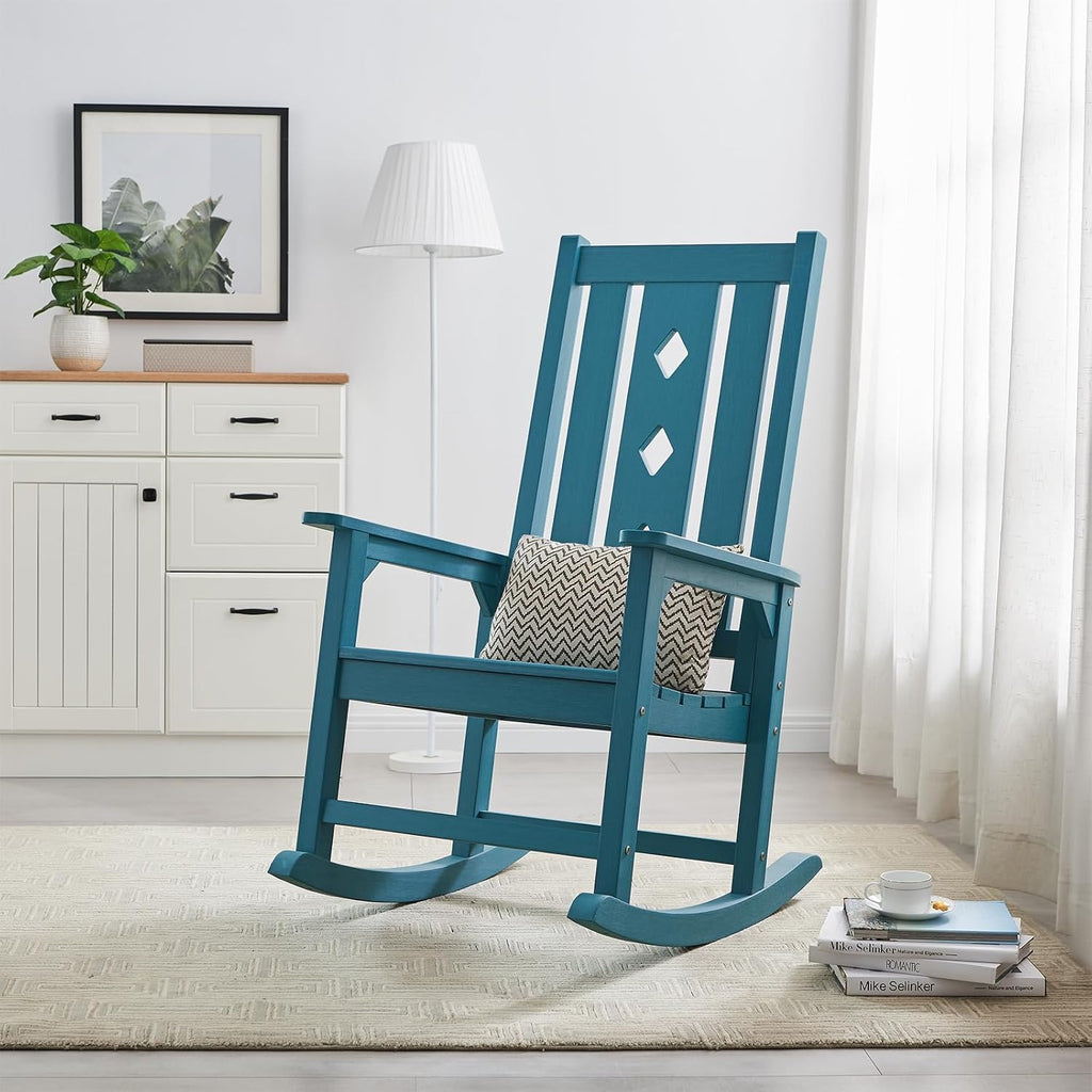 Oversized Outdoor Rocking Chair, Porch Rocker with High Back - Blue | All Weather Resistant rocking chair for Lawn Garden, HDPE Patio Rocker with 350lbs Weight Capacity