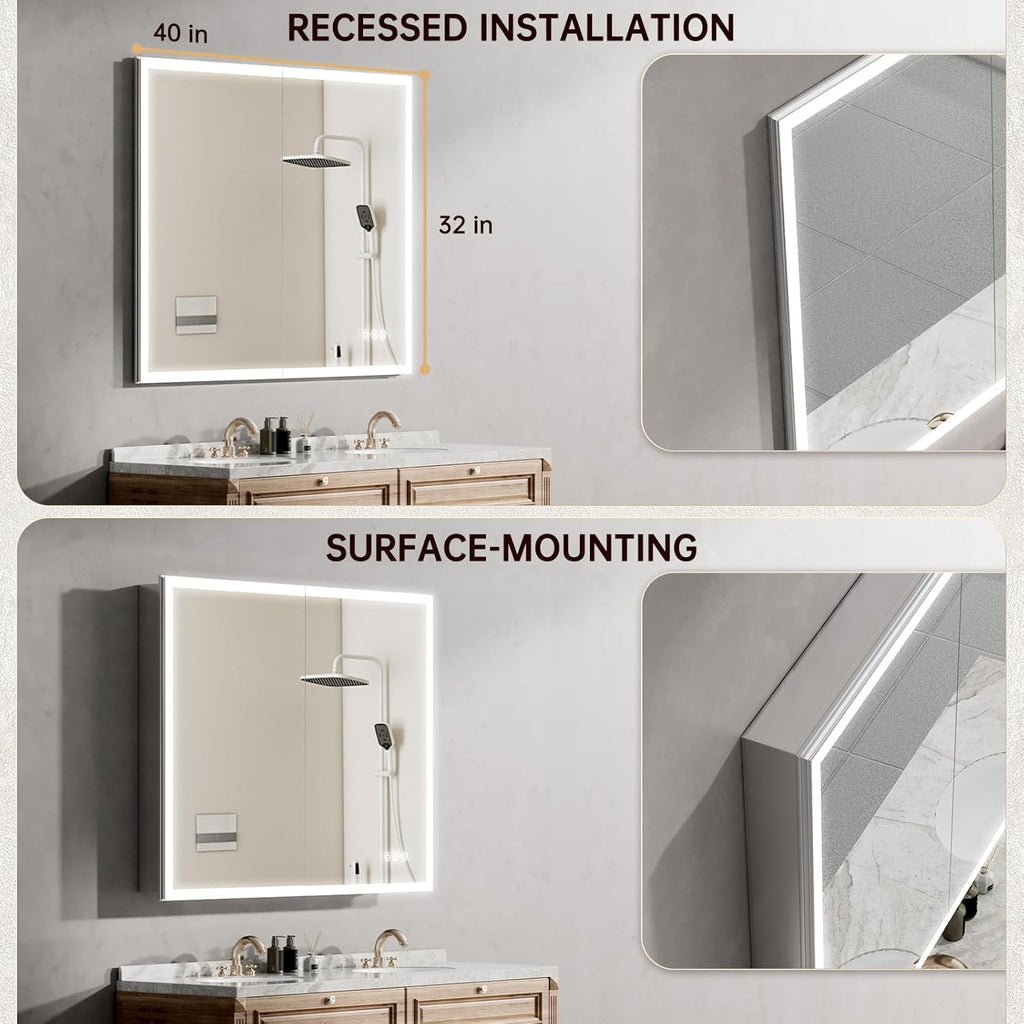 40"x32" Medicine Cabinet Mirror, LED Lighted Medicine Cabinet with Electrical Outlet＆USB, Anti-Fog, 3 Colors Temperature Stepless Dimmable, Aluminum Cabinet for Storage and Mordern Decor